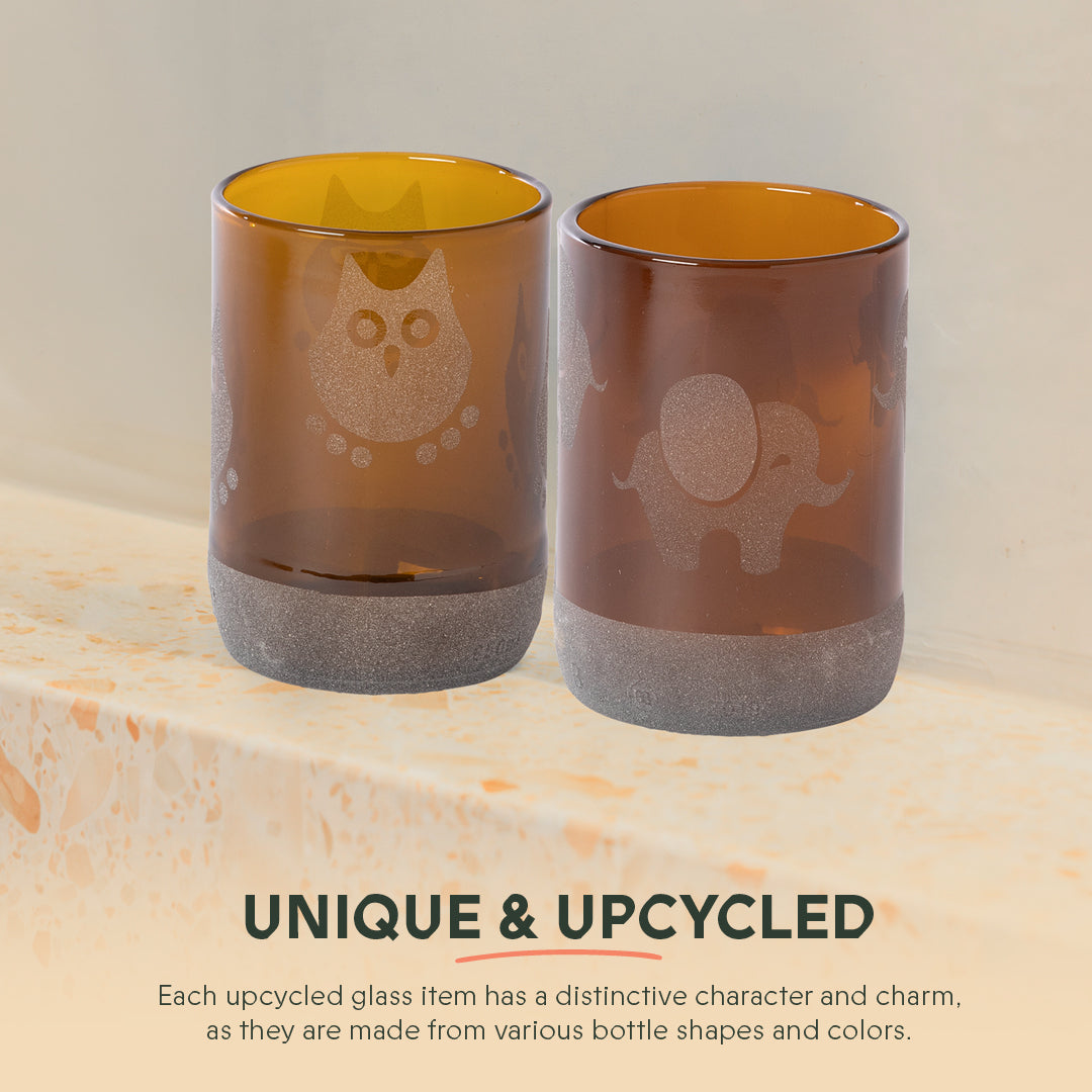 UPcycled Short "Animal" Frosted Drinking Glasses - Set of 6 - 300 ML - Sustainable Water Glasses