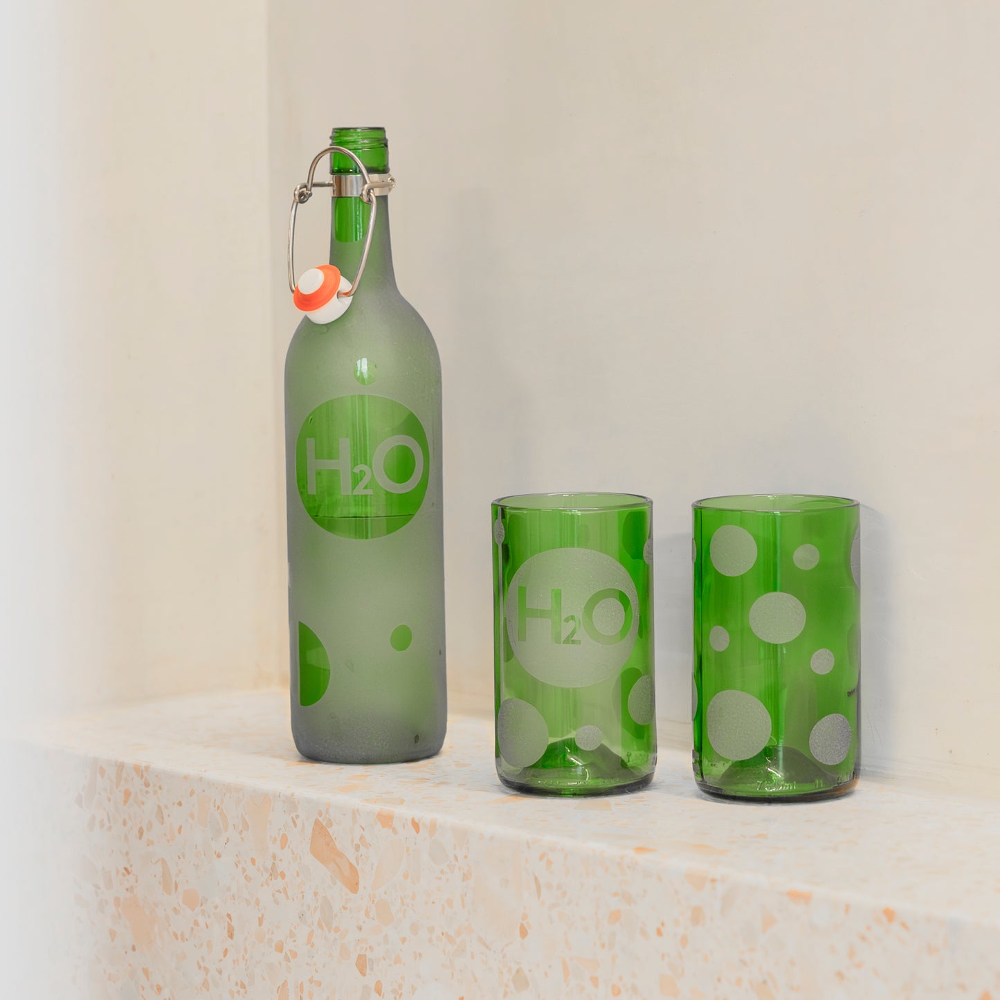 UPcycled Gift Set of 1 "H2O" Water Bottle & 2 Drinking Glasses - Sustainable Water Bottle & Glasses