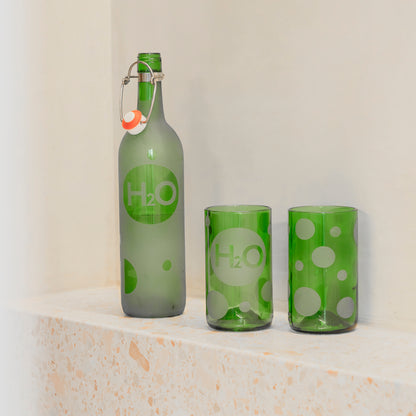 UPcycled Gift Set of 1 "H2O" Water Bottle & 2 Drinking Glasses - Sustainable Water Bottle & Glasses