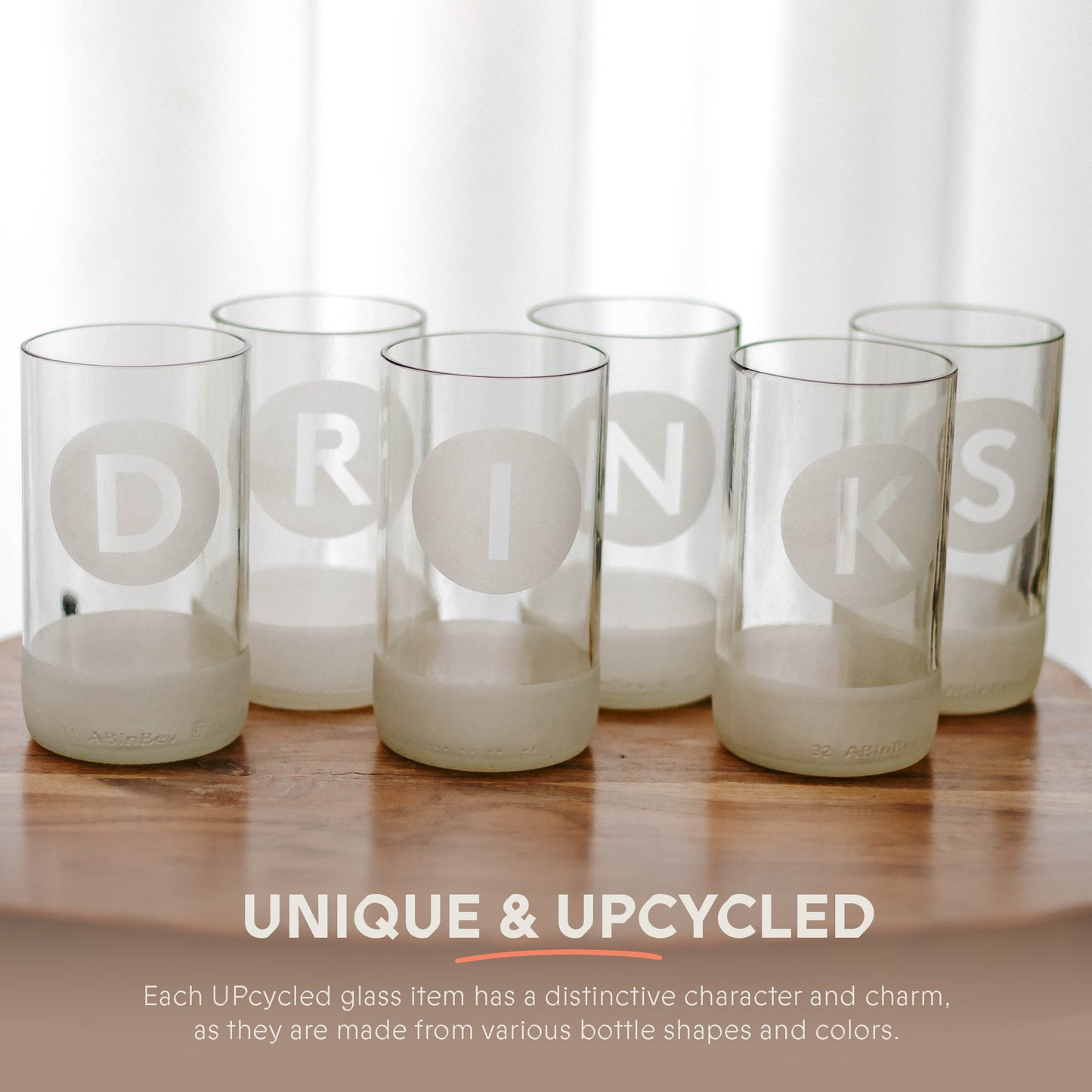 UPcycled Tall "Drinks" Frosted Drinking Glasses - Set of 6 - 350 ML - Sustainable Water Glasses