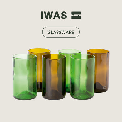 UPcycled Tall "Green/Olive" Drinking Glasses - Set of 6 - 400 ML - Sustainable Water Glasses