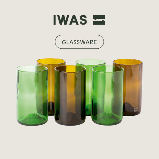 UPcycled Tall Green/Olive Drinking Glasses - Set of 6 - 350 ML - Sustainable Water Glasses