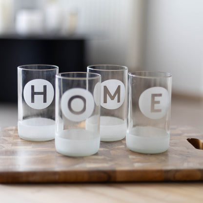 UPcycled Tall "Home" Frosted Drinking Glasses - Set of 4 - 350 ML - Sustainable Water Glasses