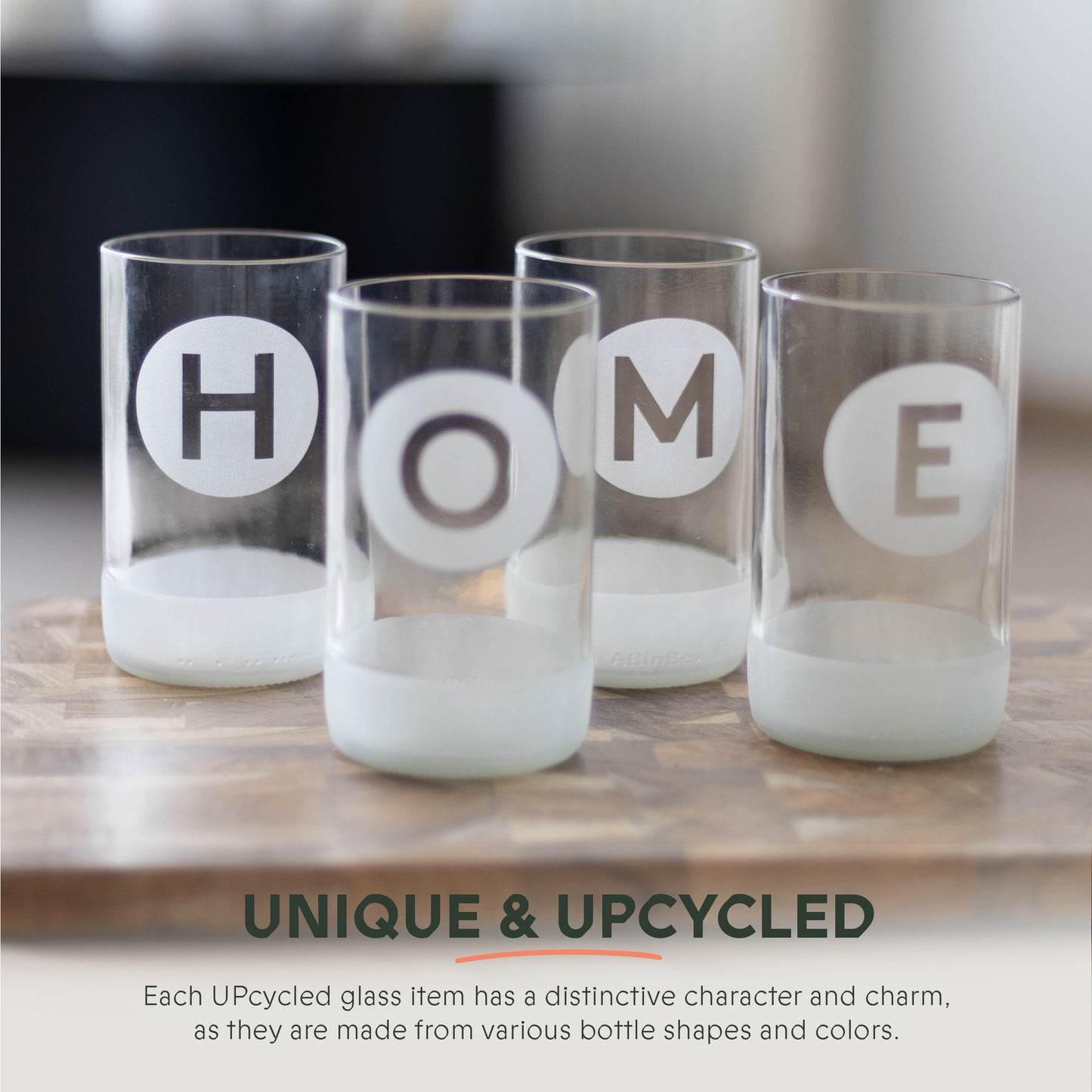 UPcycled Tall "Home" Frosted Drinking Glasses - Set of 4 - 350 ML - Sustainable Water Glasses