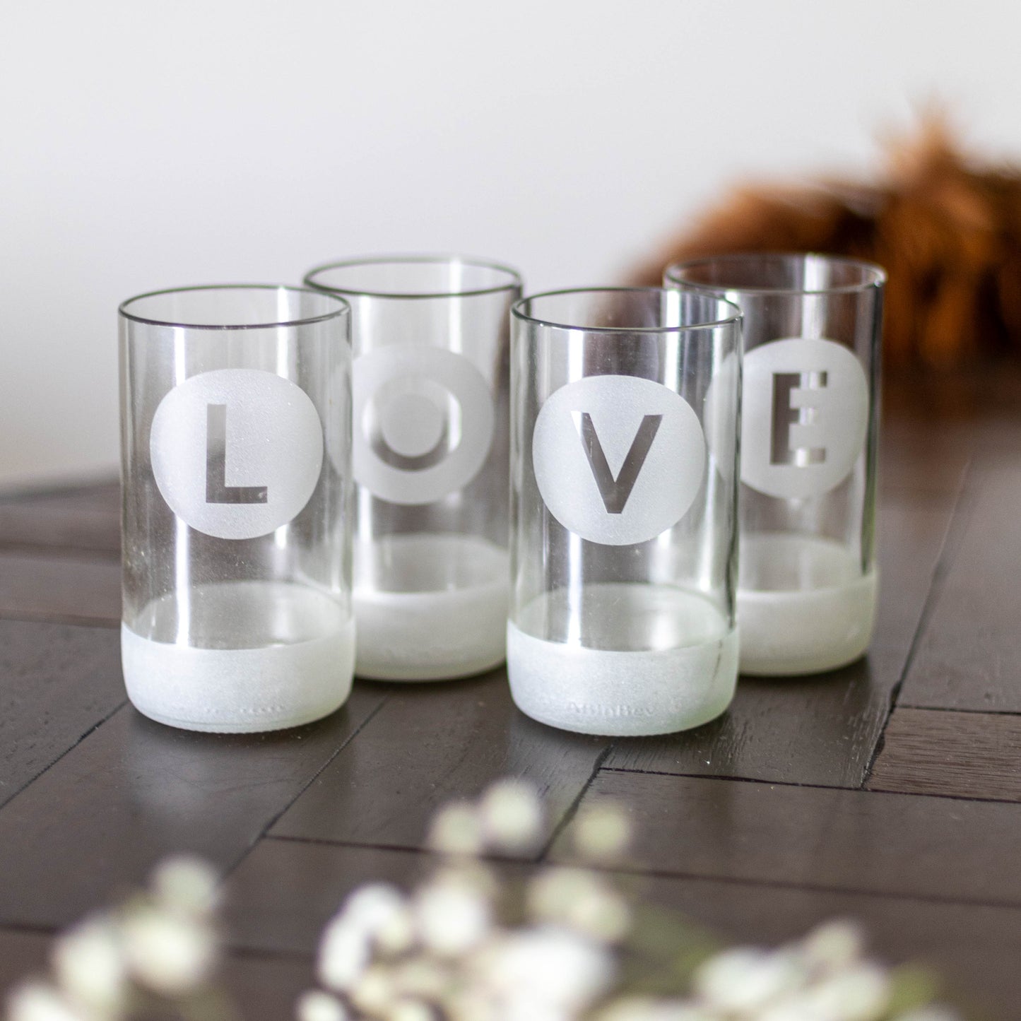 Verres à boire givrés UPcycled Tall « Love » - Ensemble de 4 - 350 ML - Verres à eau durables