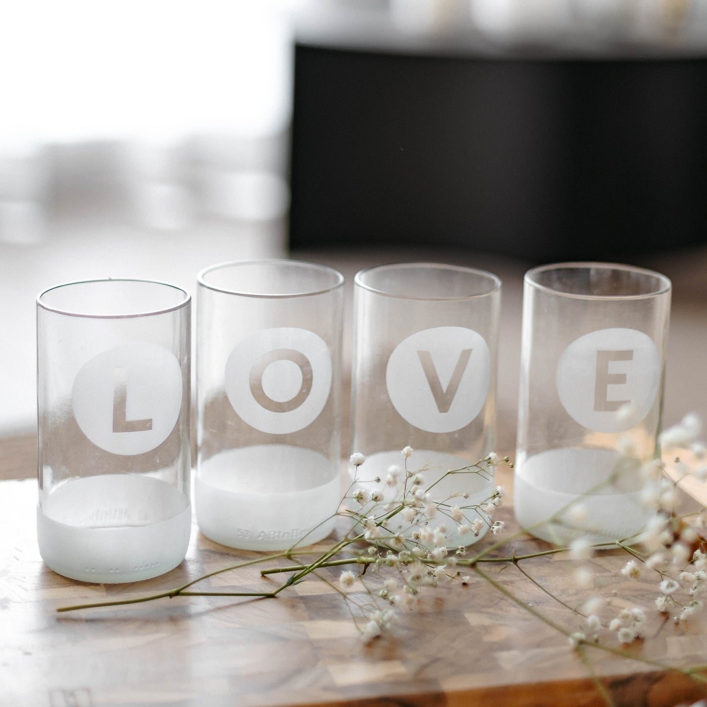 UPcycled Tall "Love" Frosted Drinking Glasses - Set of 4 - 350 ML - Sustainable Water Glasses