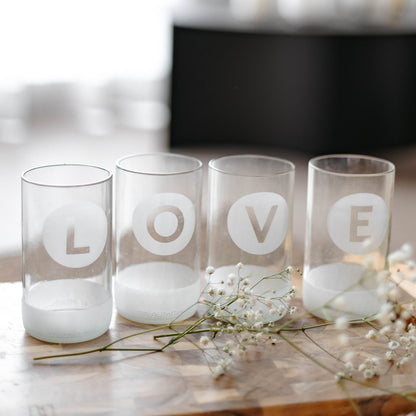 Verres à boire givrés UPcycled Tall « Love » - Ensemble de 4 - 350 ML - Verres à eau durables