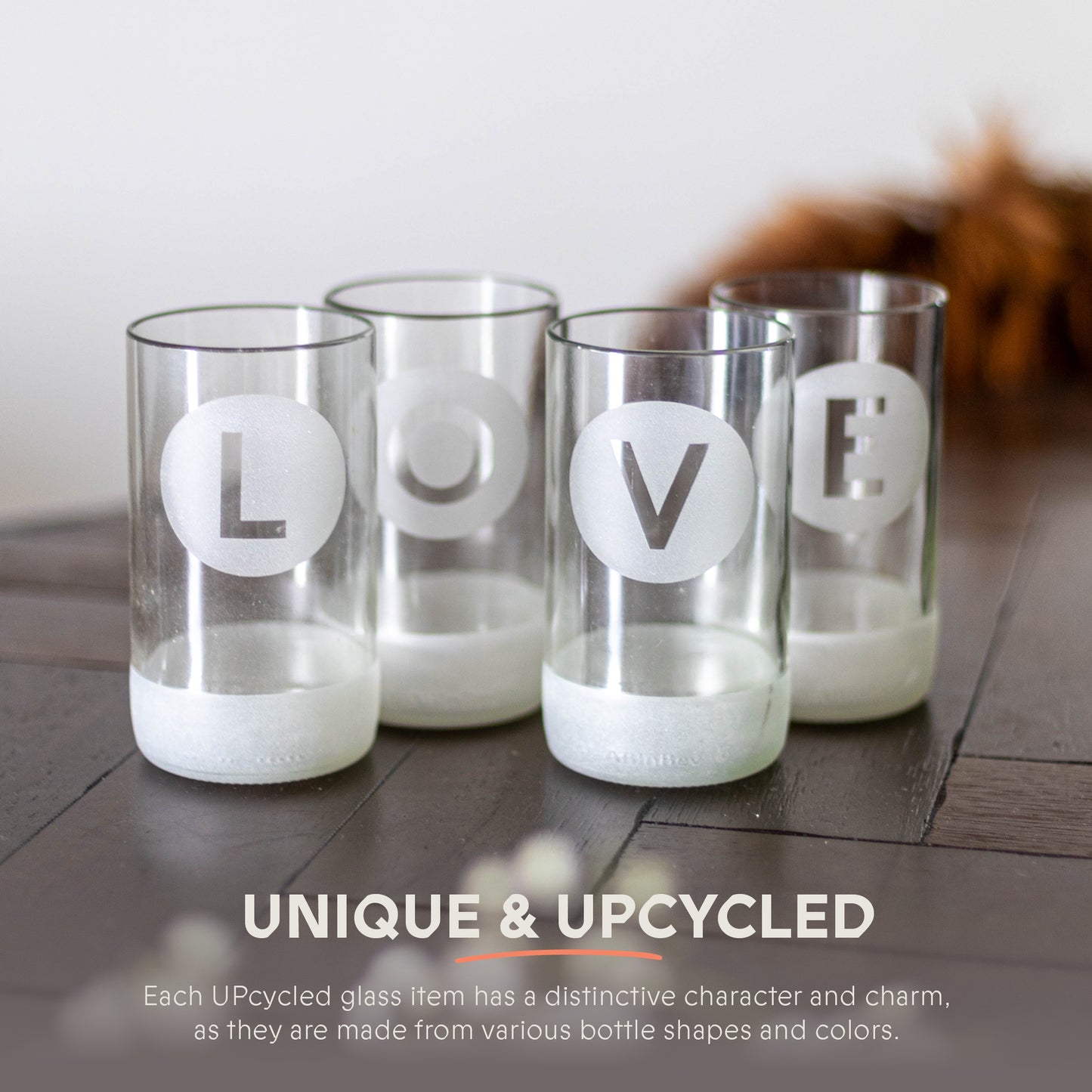 Verres à boire givrés UPcycled Tall « Love » - Ensemble de 4 - 350 ML - Verres à eau durables