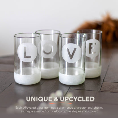 UPcycled Tall "Love" Frosted Drinking Glasses - Set of 4 - 350 ML - Sustainable Water Glasses