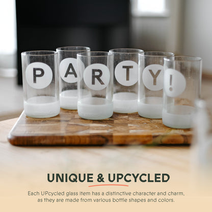 UPcycled Tall "Party!" Frosted Drinking Glasses - Set of 6 - 350 ML - Sustainable Water Glasses